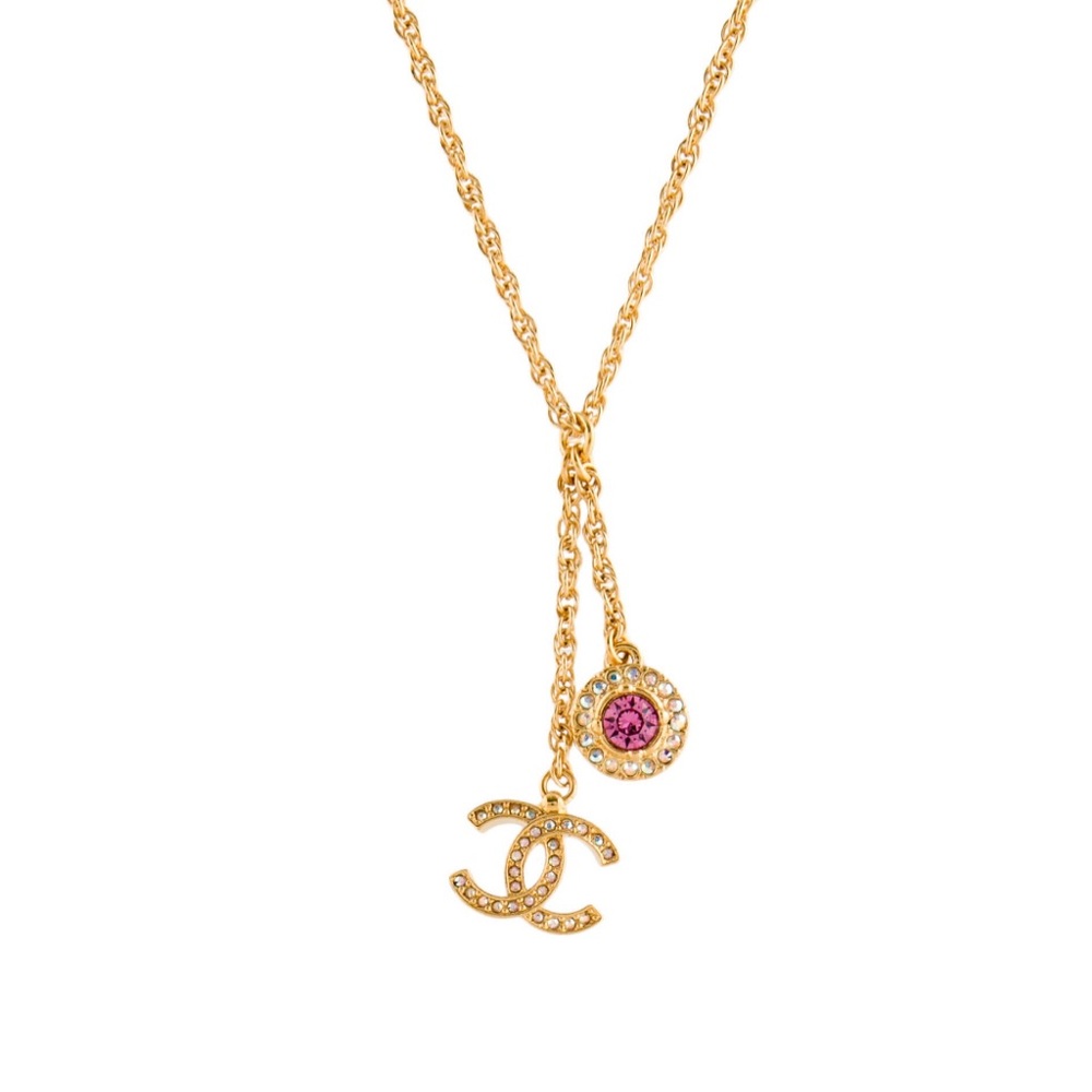 Pendant drop Chanel necklace with pink strass accents.